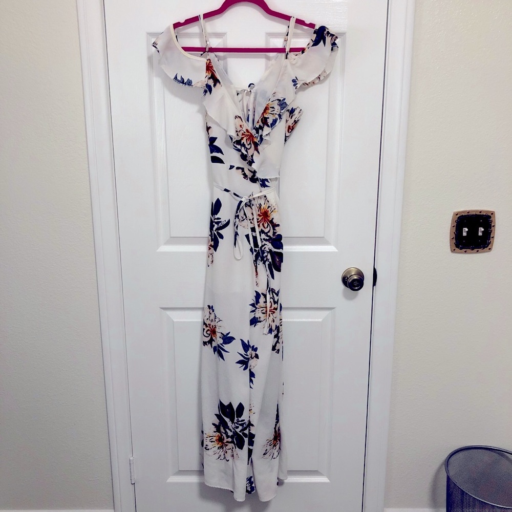 White floral maxi dress with drapery shoulders
